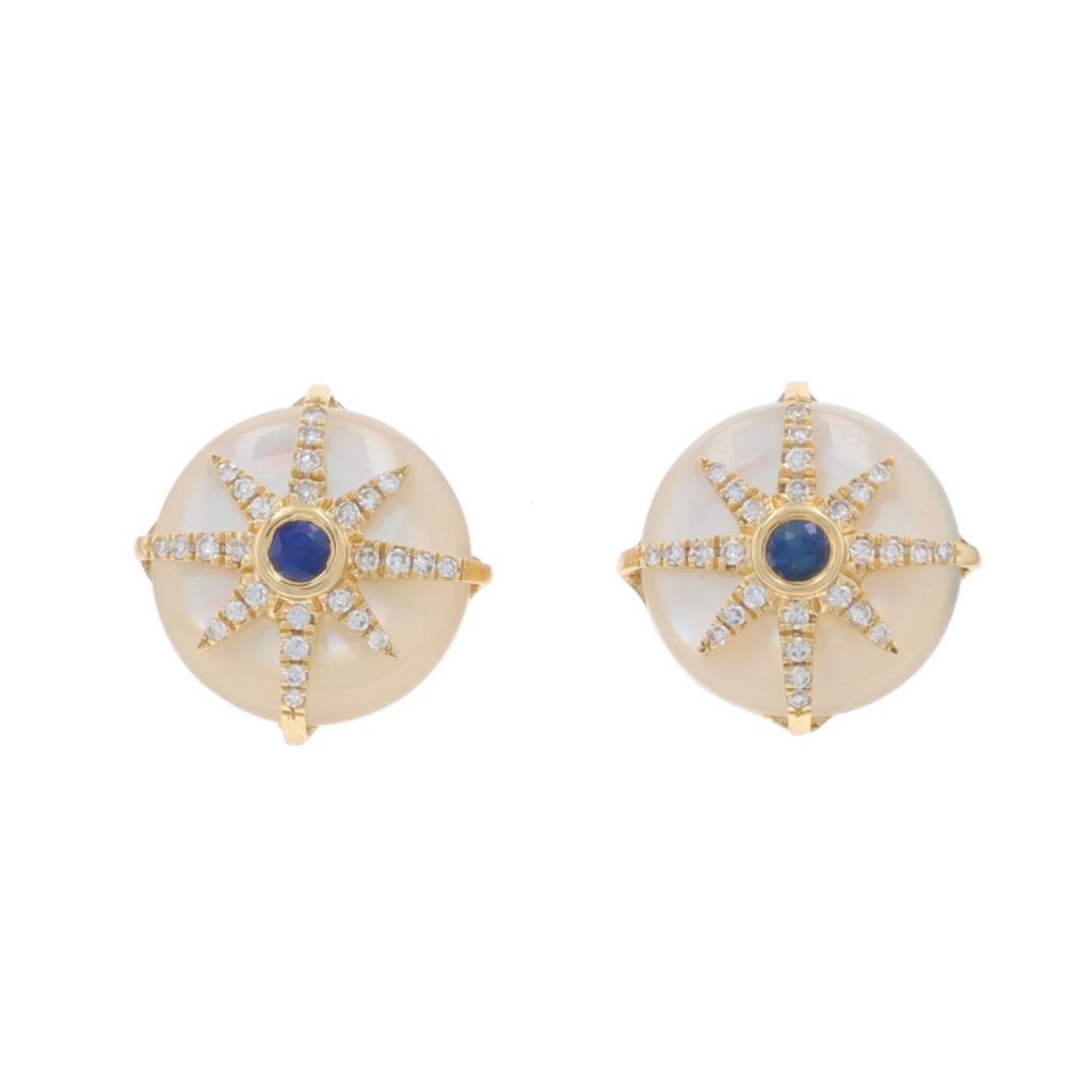 Yellow Gold Mother Of Pearl Sapphire Diamond Starburst Stud Earrings 14k 21ctw